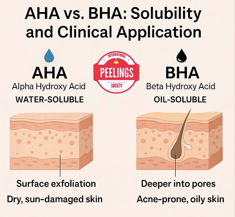 Diagram comparing the water solubility of alpha hydroxy acids with the lipid affinity of beta hydroxy acids
