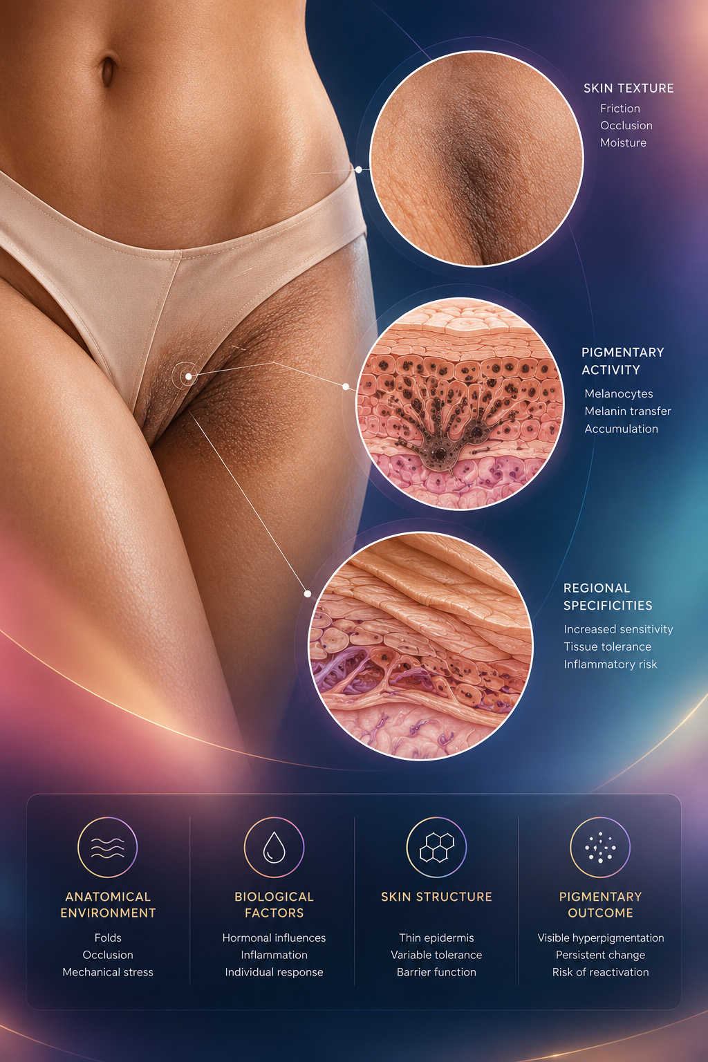 Clinical illustration showing intimate hyperpigmentation, regional skin biology and pigmentary activity