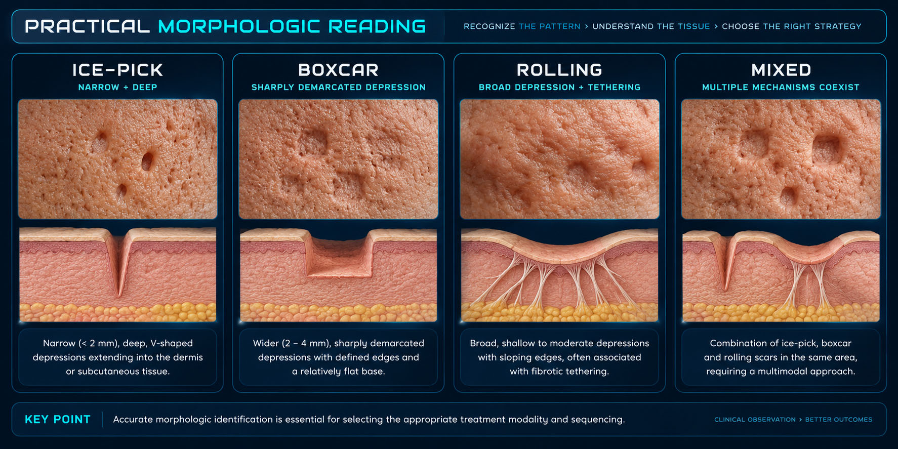 Clinical guide comparing ice-pick, boxcar, rolling and mixed acne scar morphologies