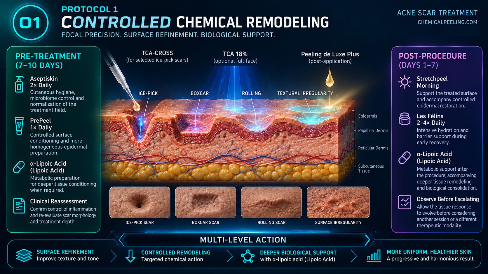 Protocol 1 controlled chemical remodeling for acne scars showing pre-treatment, TCA-CROSS, TCA 18%, Peeling de Luxe Plus, post-procedure recovery and alpha-lipoic acid support