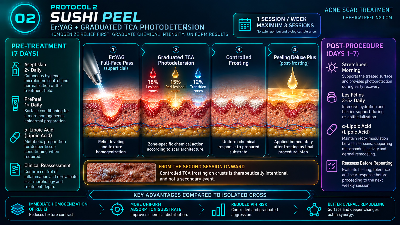 Sushi Peel acne scar protocol combining superficial Er:YAG relief leveling with graduated TCA 18 percent, 15 percent and 12 percent photodetersion, Peeling de Luxe Plus, recovery and alpha-lipoic acid support