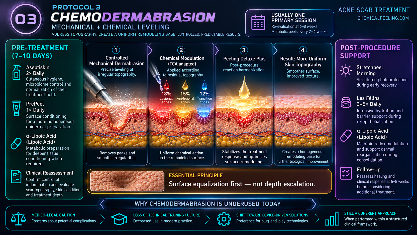 Protocol 3 chemodermabrasion for acne scars combining controlled mechanical dermabrasion, adapted TCA chemical modulation, Peeling de Luxe Plus and alpha-lipoic acid support