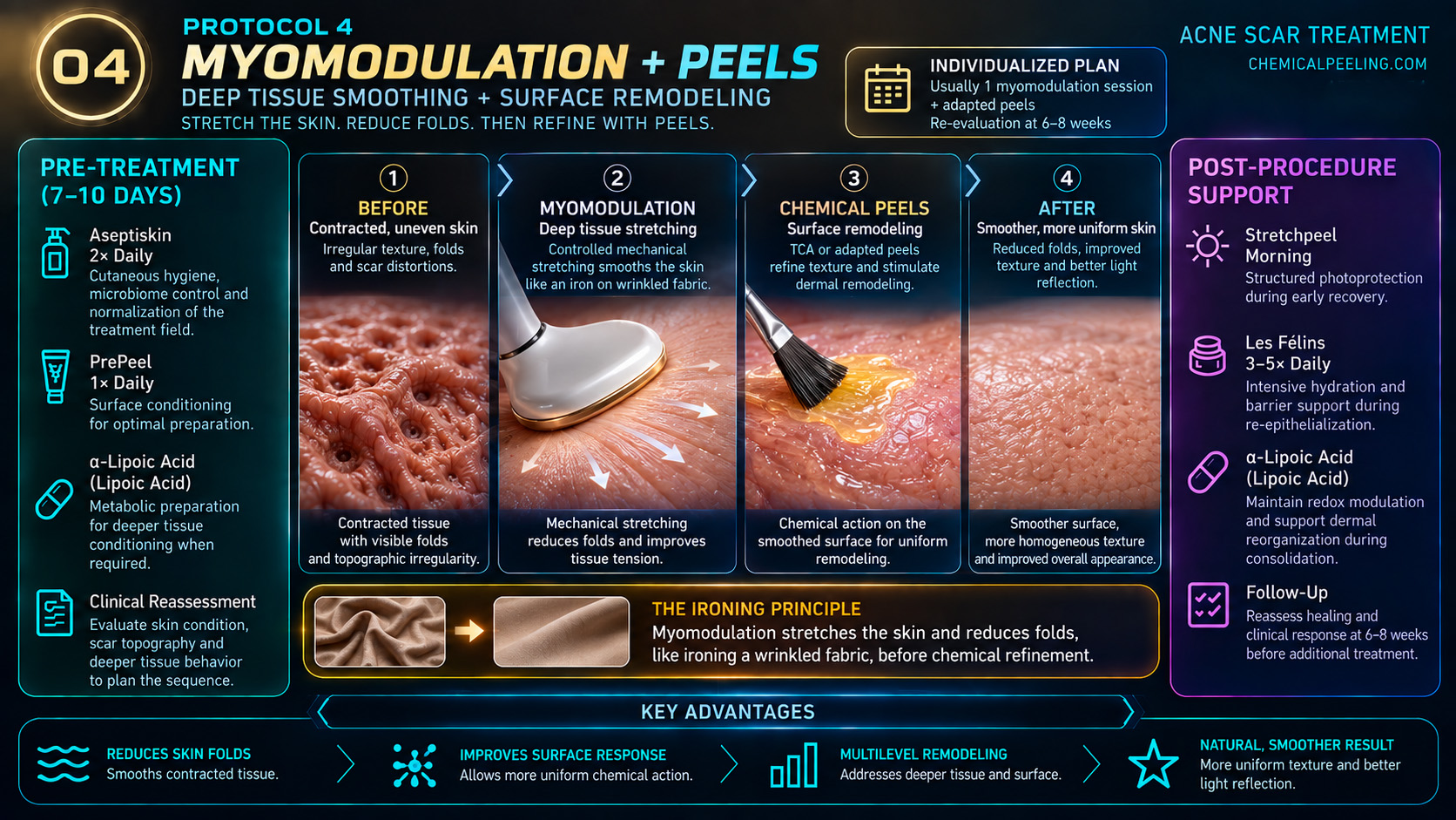Protocol 4 Myomodulation and peels for advanced acne scars showing deeper tissue modulation, chemical resurfacing, post-procedure recovery and alpha-lipoic acid support