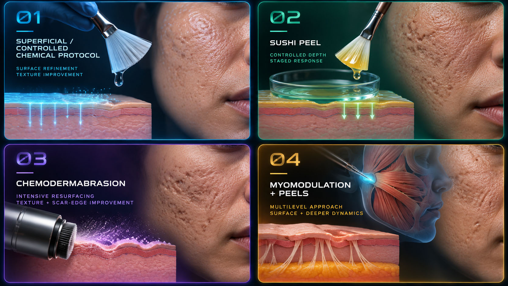 Overview of four advanced acne scar treatment protocols including controlled chemical treatment, Sushi Peel, chemodermabrasion and Myomodulation with peels