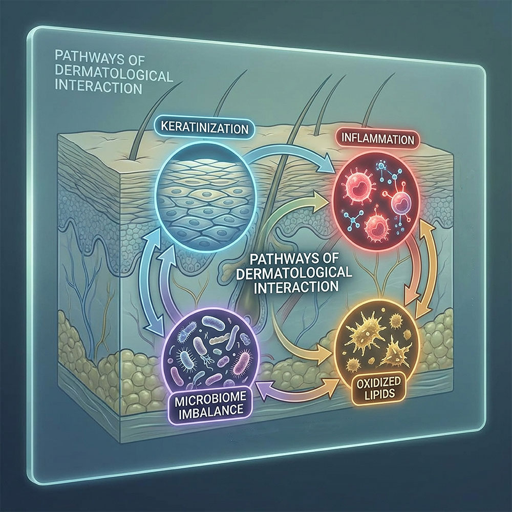 Pathophysiology of persistent adult acne showing the interaction between keratinization, chronic inflammation, microbiome imbalance, and oxidized lipids