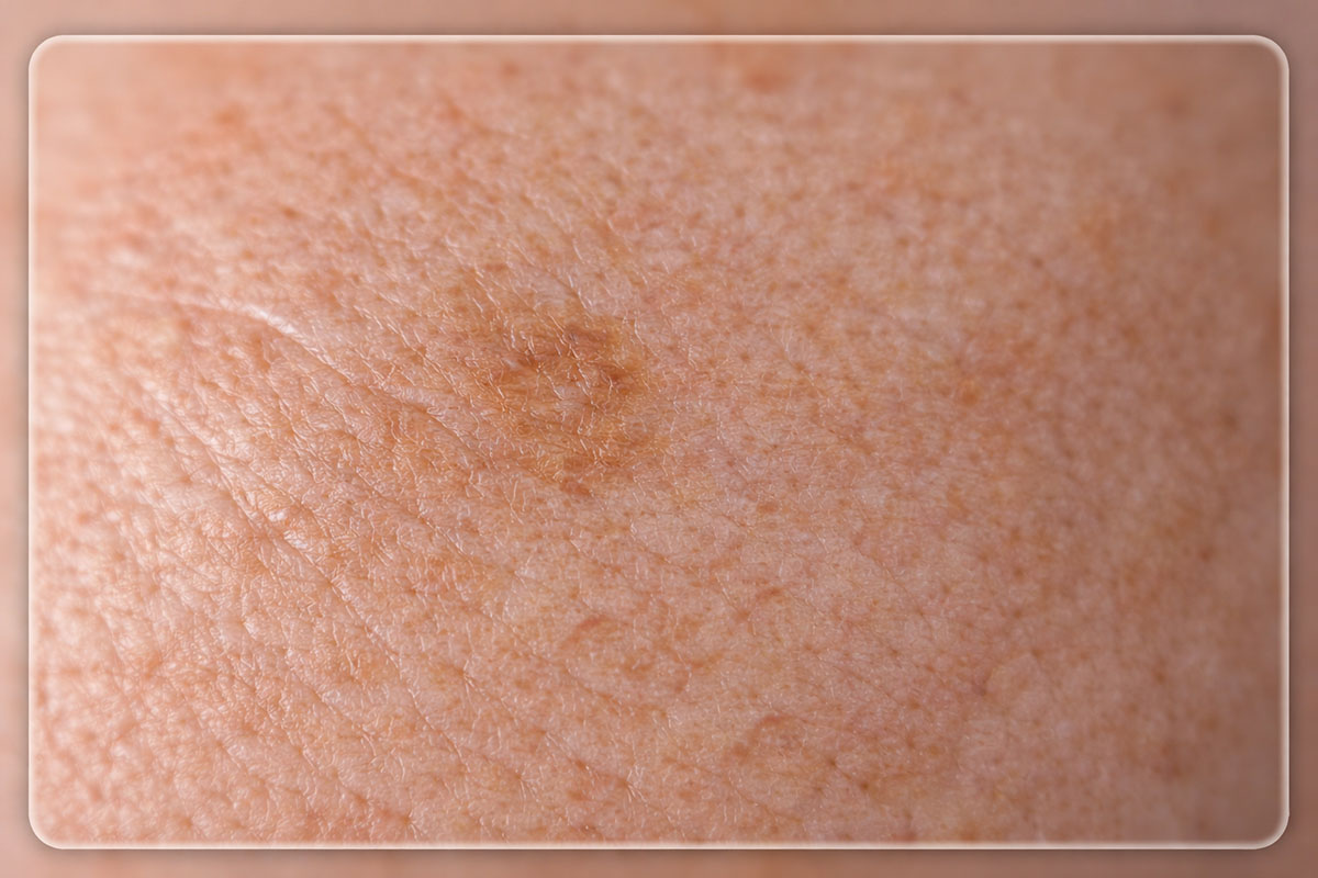 Close-up of photoaged skin showing uneven pigmentation, rough texture, and sun damage