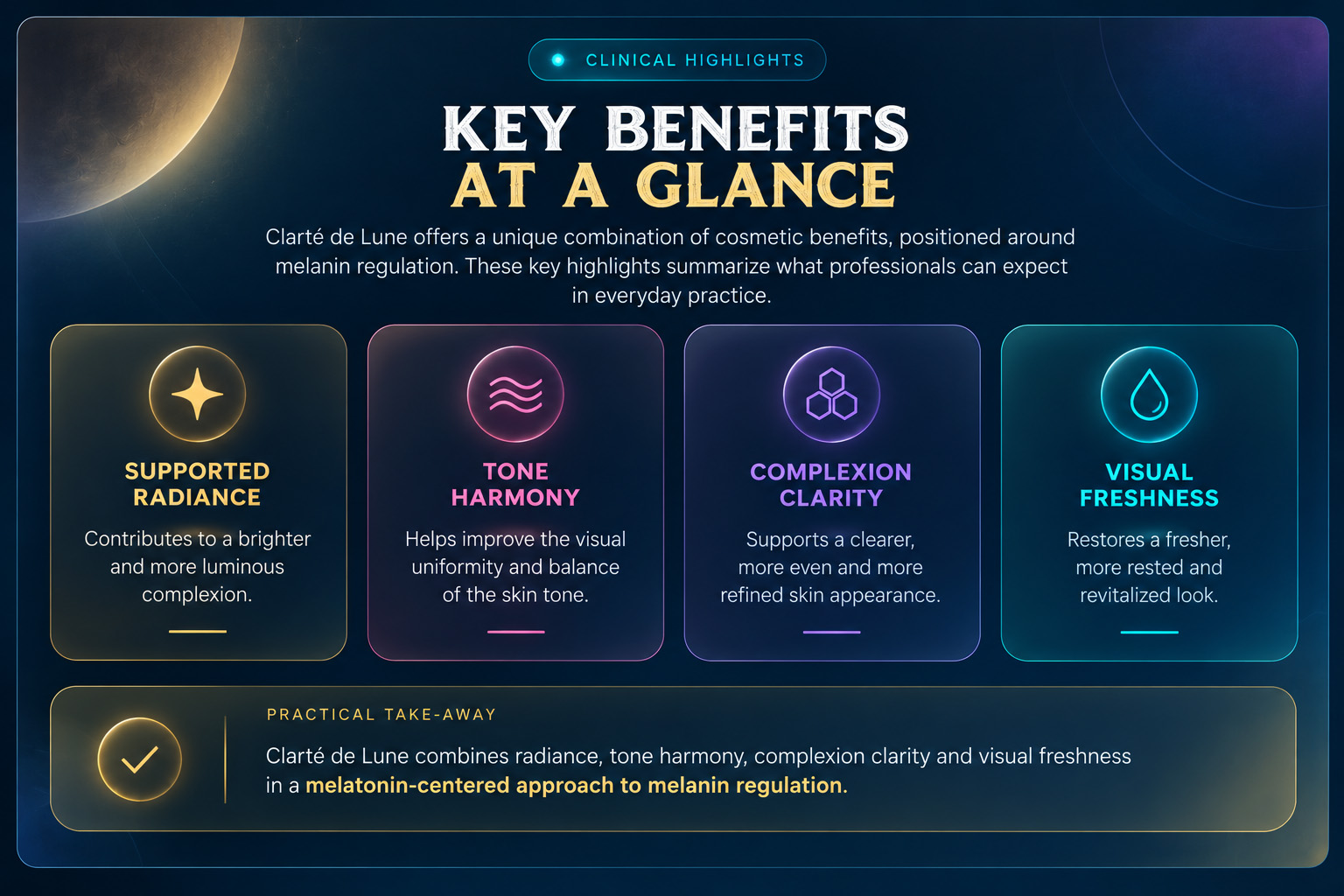Clarté de Lune key benefits at a glance: supported radiance, tone harmony, complexion clarity and visual freshness