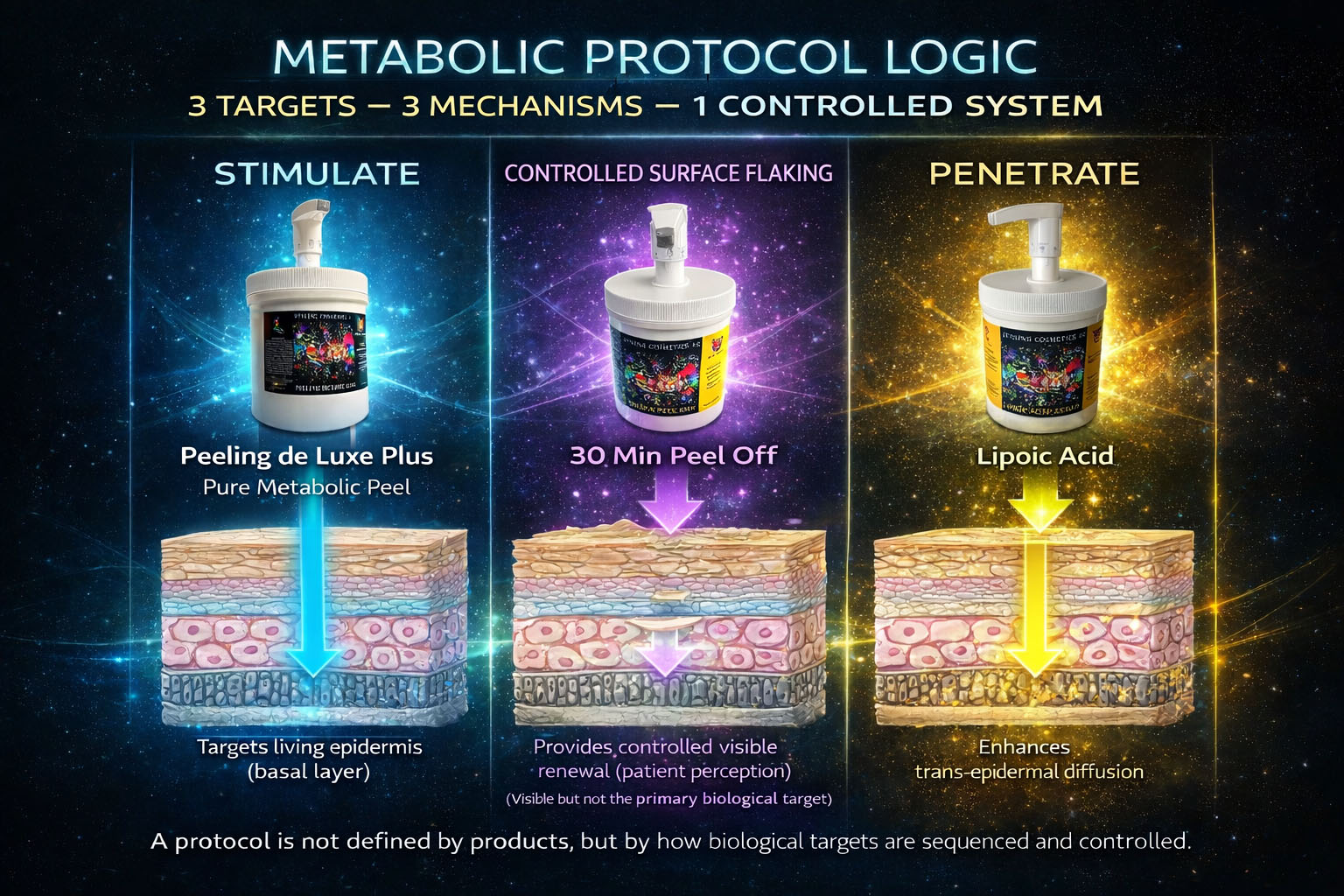 Metabolic peels protocol showing stimulation of the basal layer with Peeling de Luxe Plus, controlled surface flaking with 30 Min Peel Off, and trans-epidermal diffusion with Lipoic Acid
