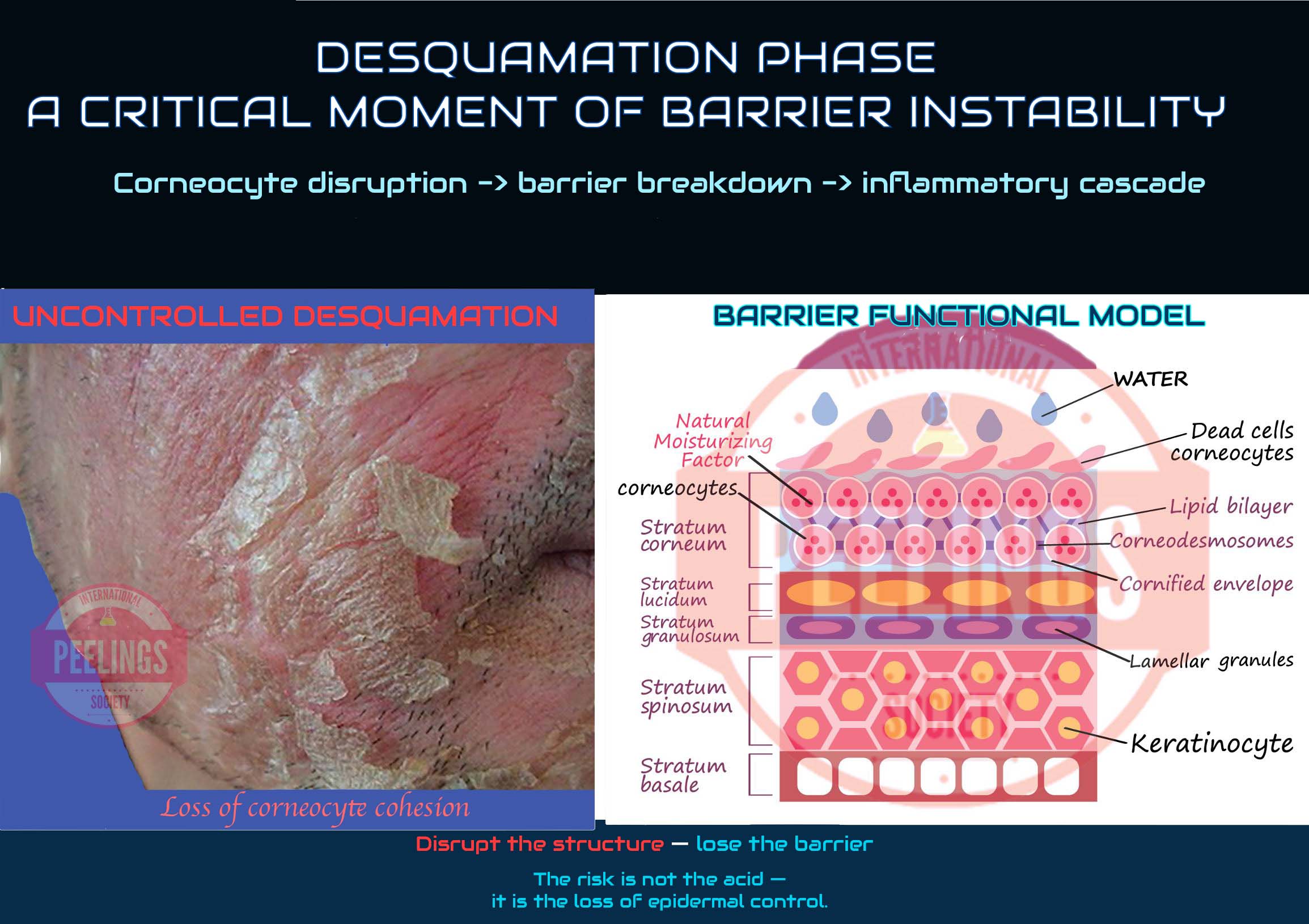 Post-peel desquamation showing corneocyte disruption and barrier instability
