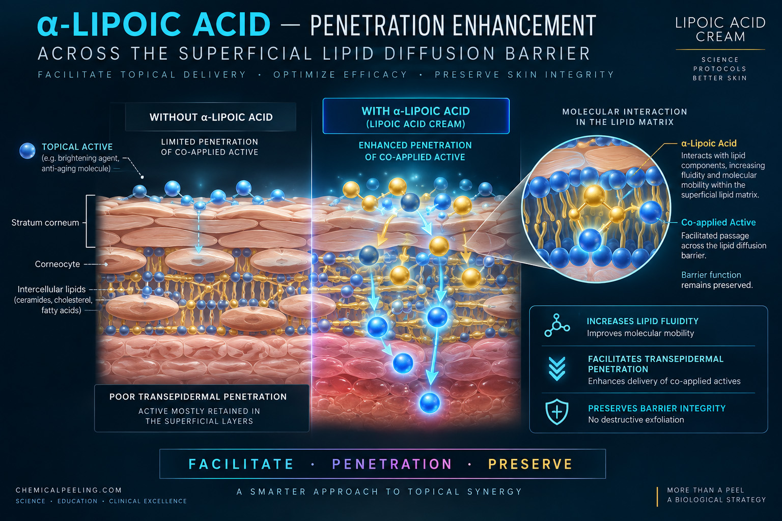 Alpha-lipoic acid penetration enhancement across the superficial lipid diffusion barrier
