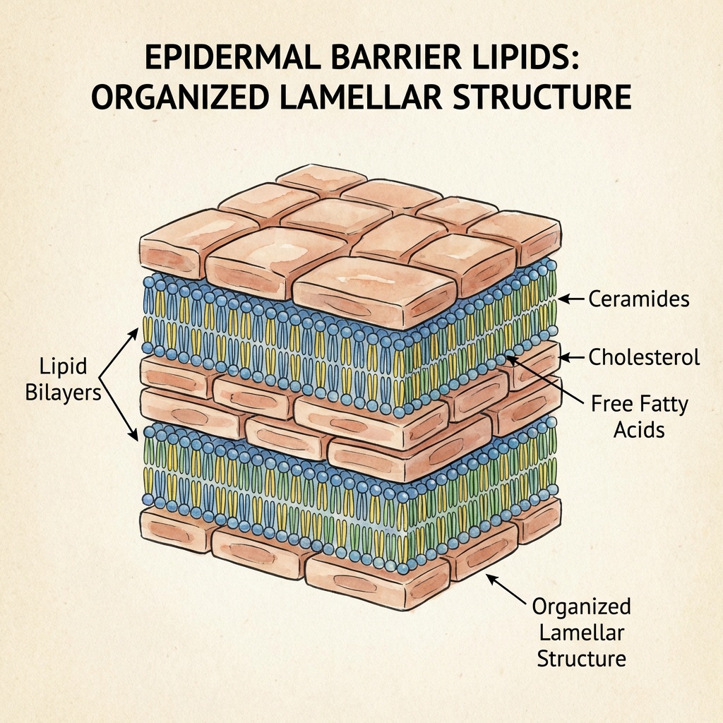 Organized lamellar lipid structure of the epidermal skin barrier with ceramides, cholesterol and free fatty acids