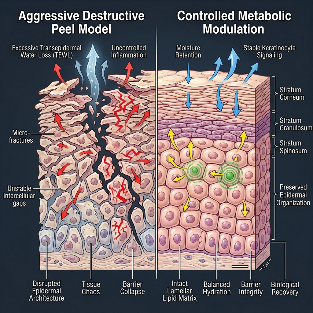 Controlled modulation versus barrier collapse in metabolic peels