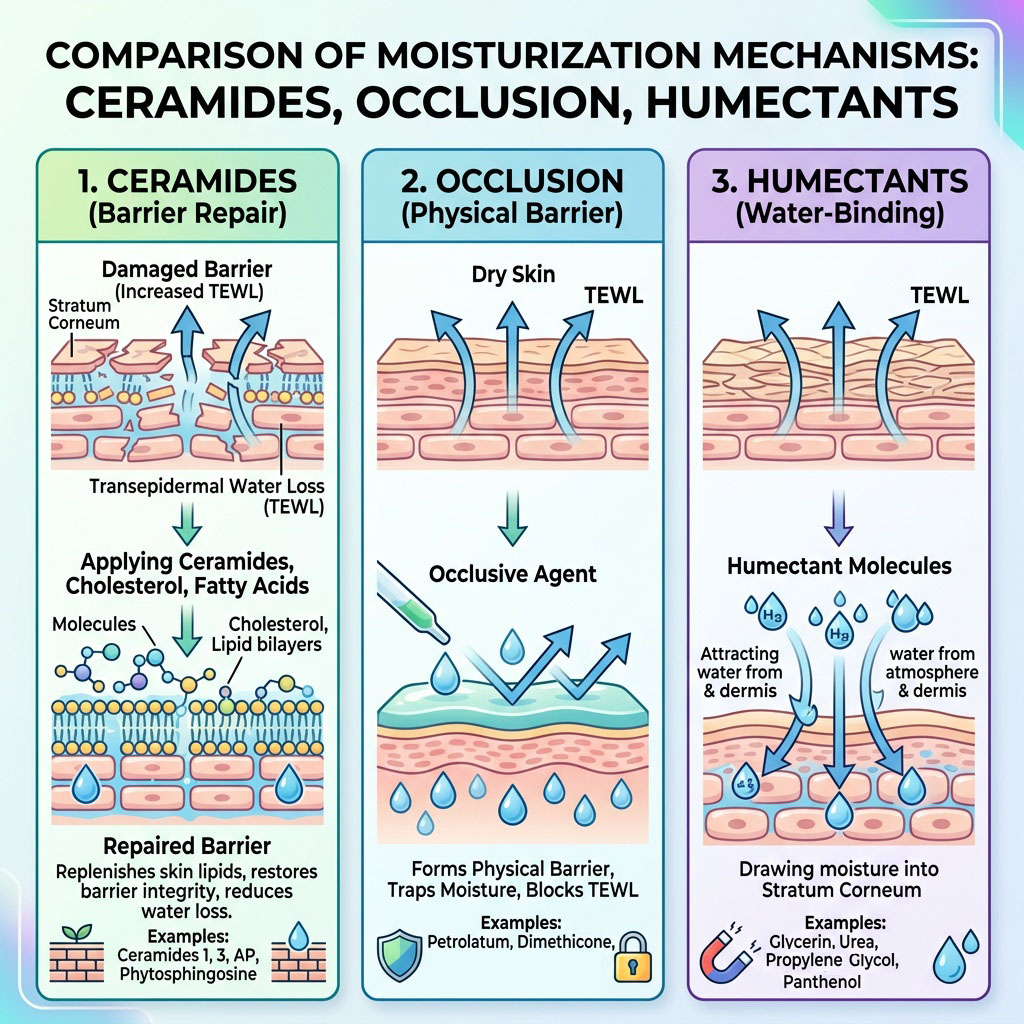 Comparison of ceramides occlusion and humectants showing barrier repair water loss prevention and hydration mechanisms