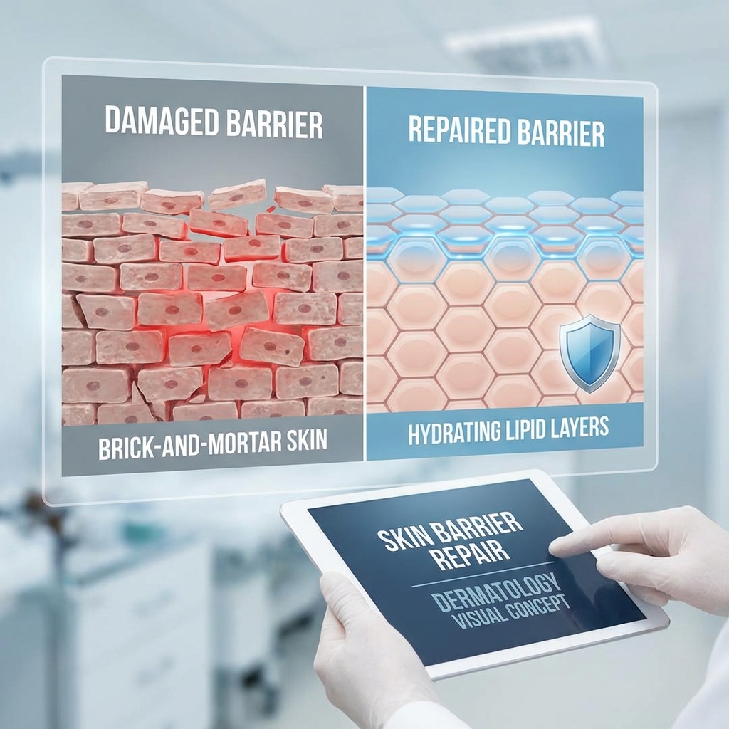 Skin barrier repair concept showing damaged versus repaired barrier with lipid layer restoration and hydration improvement