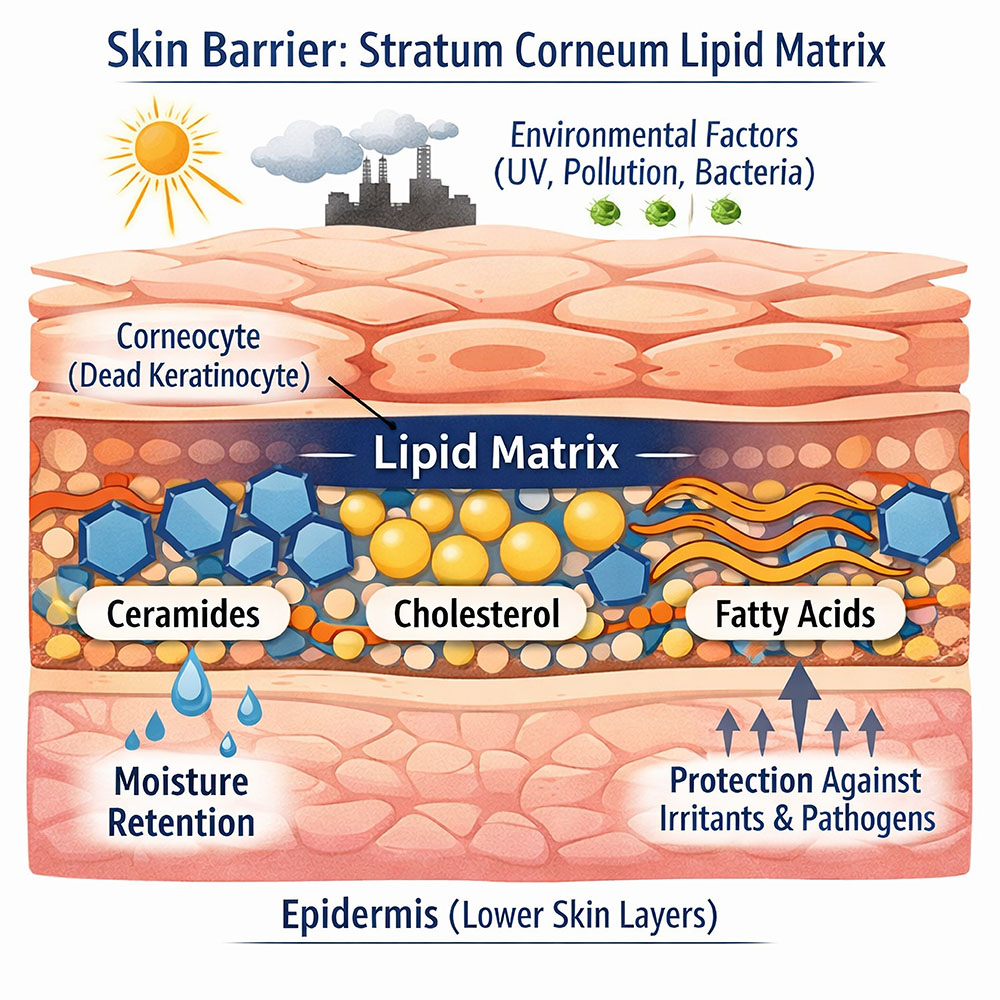 Stratum corneum lipid matrix showing ceramides cholesterol and fatty acids regulating hydration and barrier protection